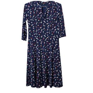 💥348 Talbots Navy Blue Long Sleeve Polka Dot Midi Dress